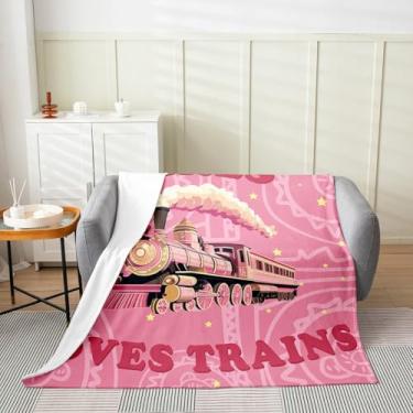Imagem de Feelyou Cobertor de lã de trem vintage rosa para meninas, 76,2 x 101,6 cm, retrô, motor a vapor, cobertor de flanela felpudo, infantil, trilho ferroviário, locomotiva, transporte para cama, sofá