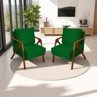 Imagem de Kit 2 Poltronas Para Sala Decorativas Shine Cadeiras Reforçadas Para Recepção Manicure Sala De Espera Consultório Escritório Confortável Em Madeira Maciça Castanho Suede Cores (Verde)