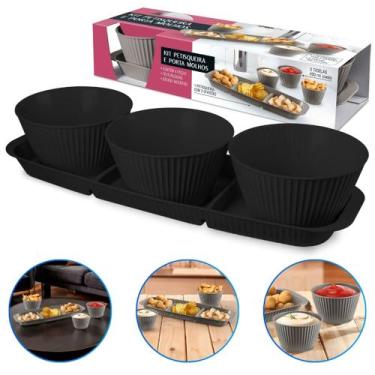 Imagem de Bandeja Retângular Petisqueira Plástico 3 Divisórias e Molheira 400ml 