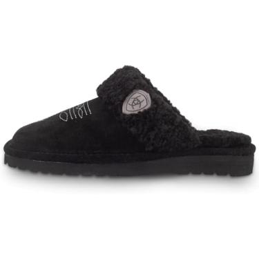 Imagem de ARIAT Pantufas femininas Jackie de couro de camurça genuíno macio e quente com gola de pelúcia, Preto, 40