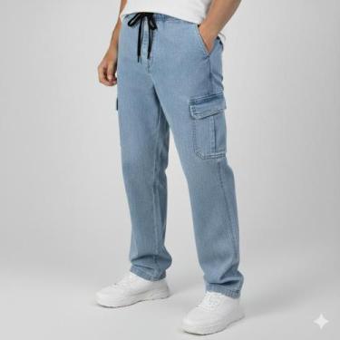 Imagem de Calça Cargo Masculina Sarja Larga Streetwear Militar Tatico com Bolsos