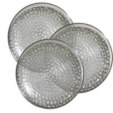 Imagem de Kit 12 Pratos Redondo Acrílico Luxo Borda Prata 22Cm Festas