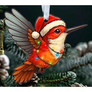 Imagem de Enfeite de Natal beija-flor - pássaro colorido - chapéu de Papai Noel - decoração de feriado de acrílico - pendurar na árvore - presente para amantes de pássaros - amantes da natureza