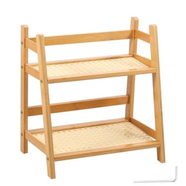 Imagem de Organizador de estação de café com aparência de vime de 2 camadas, design de prateleira dupla aberta de bambu com textura de vime para acessórios de chá e café, suporte matcha, expositor de xícara