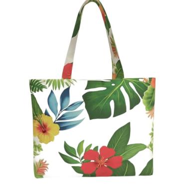 Imagem de Bolsa Tropical, Algodão Reciclado, Sacola de Compras com Estampa Floral Havaiana, Branca com Hibisco Vermelho e Amarelo, Folhas Verdes, para Praia e Uso Diário