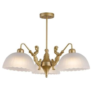 Imagem de Lustre de vidro leitoso vintage, 3 luzes, lustres modernos de meados do século para sala de jantar, luz de teto grande de sereia dourada, luminária pendente antiga para sala de estar, quarto