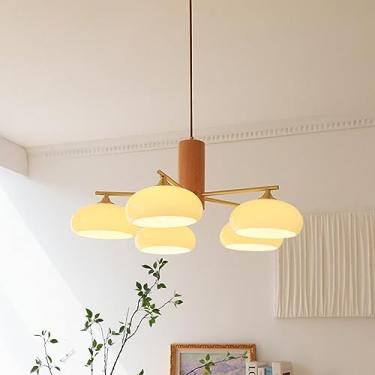 Imagem de Lustre de vidro de leite de fazenda com 5 luzes, vidro branco, Sputnik, moderno de meados do século, luminária pendente vintage rústica de madeira para teto, sala de estar, quarto, sala de j