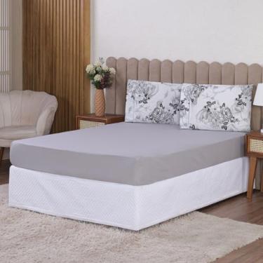 Imagem de Lençol 400 Fios 3 Peças Micropercal C/Elástico | Estampado Com Fronha | Solteiro Casal Queen King (Casal, Floral Cinza)
