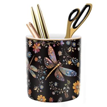 Imagem de WAVEYU Suporte de caneta, copo de lápis para mesa, suporte de pincel de maquiagem fofo, organizador de cerâmica durável para quarto, escritório, sala de aula, linda estampa de libélula