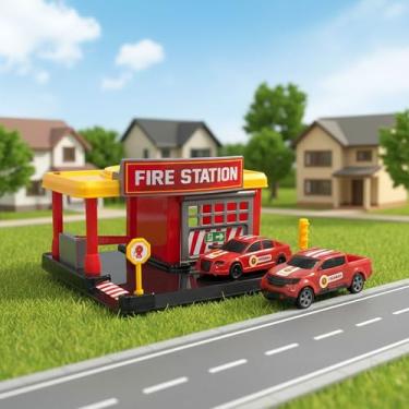 Imagem de Estação de Bombeiro Fire Station com 2 Carrinhos Vermelhos - Brinquedo Infantil com Garagem e Acessórios - Estimula Imaginação e Coordenação Motora - Ideal para Crianças a Partir de 3 Anos