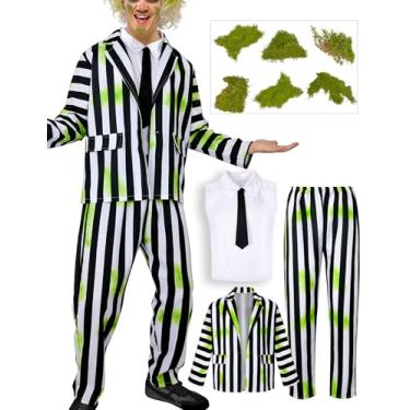 Imagem de Blazer listrado preto e branco de Halloween para homens, camisa de gravata, adesivo de rosto verde, fantasia