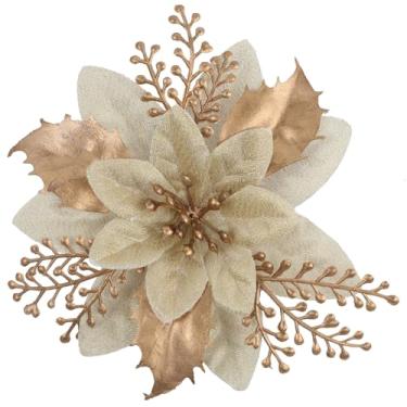 Imagem de Decorações de árvore de Natal 14 cm com glitter de flores de poinsétia - 24 peças de enfeites de árvore de Natal com clipes, decorações festivas de Natal para árvores, grinaldas, cornija e decoração