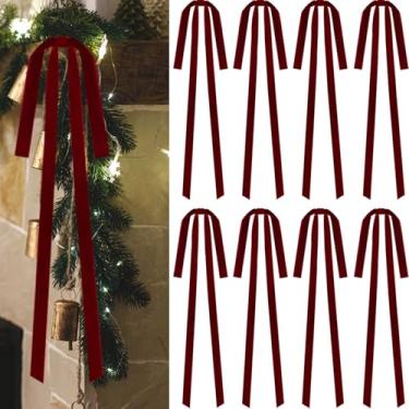 Imagem de 8 peças de laços de veludo de Natal, 61 x 30 cm grande laço de guirlanda de Natal artesanato rústico laços de veludo para decoração de casa de Natal casamento (vinho, largura de 2,5 cm)