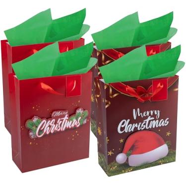 Imagem de RACHELLE'S Sacos de presente de Natal – Médio 33 x 25 x 10 cm (pacote com 4) – Sacos de presente de papel resistente com papel de seda, etiqueta e alça – desenhos de guirlanda e chapéu de Natal