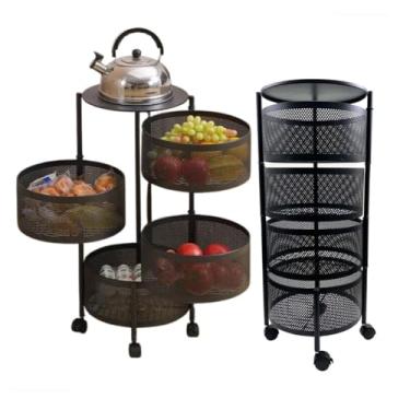 Imagem de Fruteira Giratória de Chão, 4 Andares, Preta, Ferro e Plástico, 75cm Altura x 34cm Largura, com Rodinhas, Organizador para Cozinha