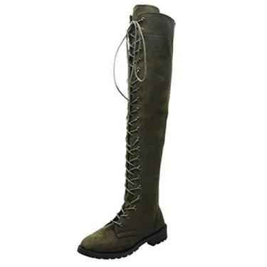 Imagem de Bigfanshu Botas femininas de inverno acima do joelho botas femininas sexy de outono com cadarço frontal salto quadrado sapatos plus size atléticos até o joelho clima frio e botas de pele, Verde, 37 BR