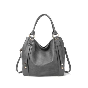 Imagem de myfriday Bolsa feminina de couro sintético macio, grande, Hobo, bolsa de ombro despojada e bolsa de mão com alça ajustável, Cinza
