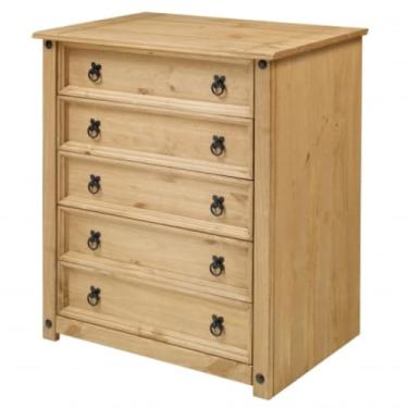 Imagem de Cômoda Rústica em Madeira Maciça, 5 Gavetas, Puxadores Metálicos, Acabamento Natural