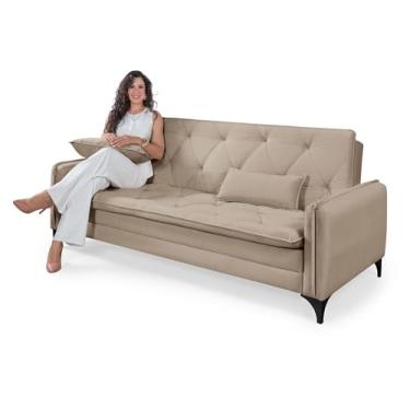 Imagem de Sofá Cama Yara Reclinável Revestimento em Suede Bege Sala De Estar Com 2 Almofadas Decorativas