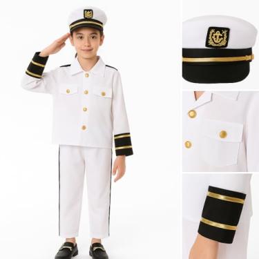 Imagem de Fantasia de Marinheiro Infantil, Uniforme Branco com Detalhes em Preto e Dourado, Conjunto Completo com Quepe, Jaqueta e Calça (P)