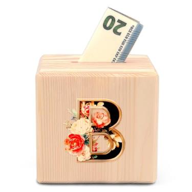 Imagem de BJDAMAI Cofrinho de madeira, cofrinho, cofre, moedas, itens de decoração para meninas, acessórios, mercadoria, presente, essenciais, estética (letra B)