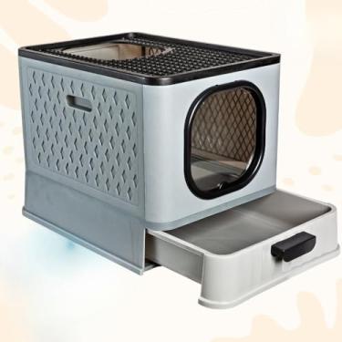 Imagem de Caixa de Areia Fechada Luxo para Gatos - Banheiro Pet com Porta Transparente, Gaveta e 2 Comedouros(SB LUXO - CINZA)