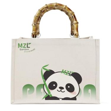 Imagem de MZLBAMBOO-Bolsa para mulheres, bolsa de mão e bolsa de ombro, bolsas de lona ecológicas, alça de bambu, estampa de panda, Bege, 16.9"L×4"W×13"H