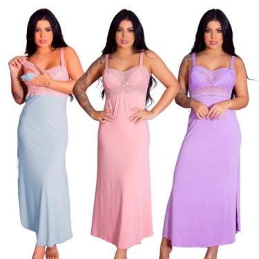 Imagem de Kit 3 Camisolas Longas Amamentação Gestante Recorte Lateral Maternidad