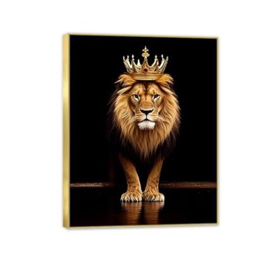 Imagem de Leão com coroa decoração de parede de tela rei e rainha animal pôster preto e branco leão com coroa arte de parede para homem sala de estar quarto banheiro decoração de casa 80 x 60 cm (32 x 24 pol