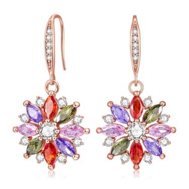 Imagem de VONSSY Colar colorido com pingente de floco de neve, brincos de pino banhado a ouro rosa/branco, cristal, corrente multipedras preciosas, ametista, morganita, peridoto, formatura, strass, presente