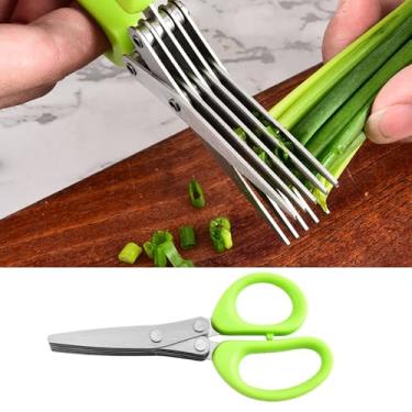 Imagem de Tesoura multifuncional de aço inoxidável de 5 camadas para cortar cebola, legumes e ervas