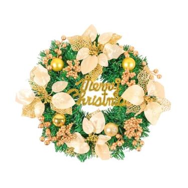 Imagem de Generic Guirlanda de porta de Natal feliz, fundo, flor de poinsétia artificial, folhas verdes para jardim, janela, gramado, escritório, árvore, Ouro 40cmx8cm