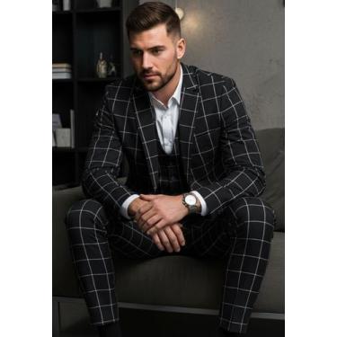 Imagem de Jordhan Alta Costura Poliviscose Xadrez Preto  Terno Masculino Alfaiat