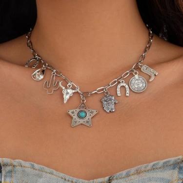 Imagem de Colar elegante com pingente de cacto com turquesa sintética e franjas multicamadas, joia de liga de liga para mulheres, perfeito para o dia a dia ou moda boho, One Size, Liga de aço, Sem Pedra