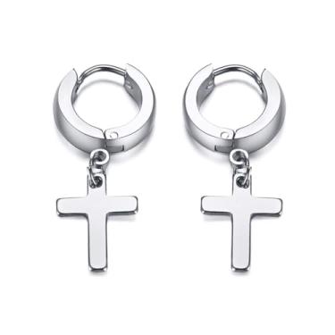 Imagem de Brincos masculinos de argola de aço inoxidável, preto, dourado, prata, brincos suspensos, hipoalergênicos, circulares, cruz, joias, acessório de moda, presente para homens e mulheres, Length: 31 mm