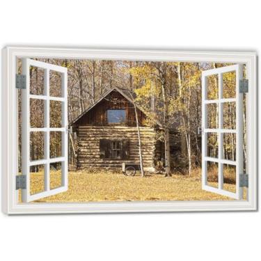 Imagem de Autumn Is HereTela falsa para janela que economiza espaço, arte de parede cênica realista para quarto, casa, 69,8 x 104,9 cm emoldurada