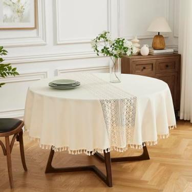 Imagem de LinenZone Toalha de mesa bege redonda de 177 cm com crochê de flores no meio e borlas para 2 a 4 pessoas. Toalha de mesa de macramê para cozinha boêmia ou decoração de mesa de jantar Boho (Zara 70