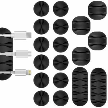 Imagem de Flezoo Grampos de cabo – 18 peças preto adesivo organizador de cabos de telefone suporte de carregador prendedor de clipes de gerenciamento de fio para mesa de cabeceira, mesa, escritório ou mouse