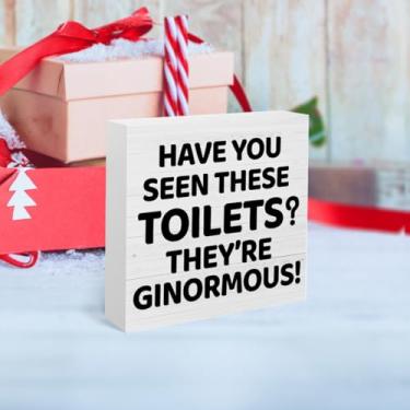 Imagem de Decoração de mesa de banheiro de Natal vintage, decorações engraçadas de festa de Natal para casa de fazenda, vaso sanitário, prateleira, Natal, elefante, branco, presentes, meia, banho, mesa, placa