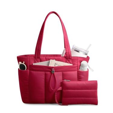Imagem de TOPDesign Bolsa feminina com porta-copos, compartimento para laptop, bolsa de cosméticos e bolsa de carrinho para trabalho, viagens, Vermelho, Medium, Casual