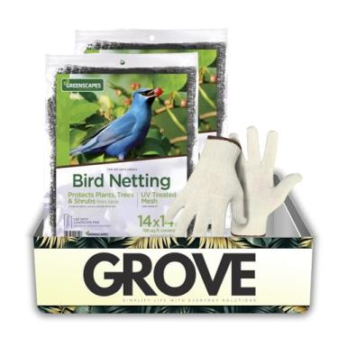 Imagem de 2 capas verdes de 4,3 m C x 4,3 m L 1 pacote de rede para pássaros com luvas de trabalho – Protege plantas e arbustos de pássaros e vida selvagem; reutilizável e fácil de instalar – conjunto de