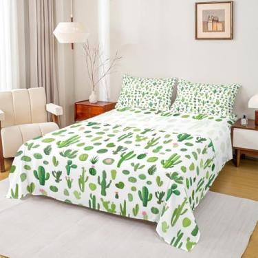 Imagem de Jogo de cama casal, cacto verde, planta suculenta, 4 peças, para decoração de quarto de crianças, meninas, meninos, mulheres, lençol com elástico botânico tropical, lençol de cima, 2 fronhas