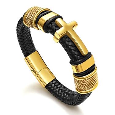 Imagem de Pulseira masculina de cruz preta, pulseira de couro trançado de aço inoxidável Filipenses 4:13 com versículo da Bíblia Jesus presente de fé inspiradora para pai, irmão, filho, presentes de confirmação