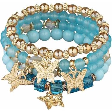 Imagem de Pulseiras femininas modernas de borboletas elásticas com contas hipoalergênicas empilháveis acessórios de moda joias presentes, One Size, liga metálica, Sem Pedra Preciosa