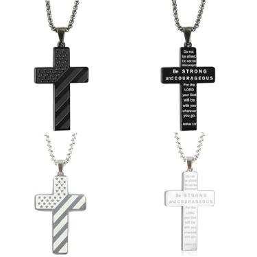 Imagem de Colar de cruz com bandeira americana para homens, prata e preto, versículo bíblico, pingente de cruz, colar de aço inoxidável, colar cruzado, renda, acessórios de joias patrióticas cristãs religiosas