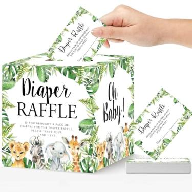 Imagem de 51 peças de bilhetes de sorteio de fraldas de animais da selva com caixa de cartão de sorteio de fraldas para suprimentos de chá de bebê, placa de sorteio de fraldas, cartão de inserção com tema da