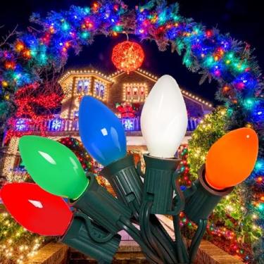 Imagem de C7 Cordão de luzes natalinas vintage multicoloridas de 6,5 m com 27 lâmpadas incandescentes coloridas para decoração de casamento, quintal, festa - fio verde