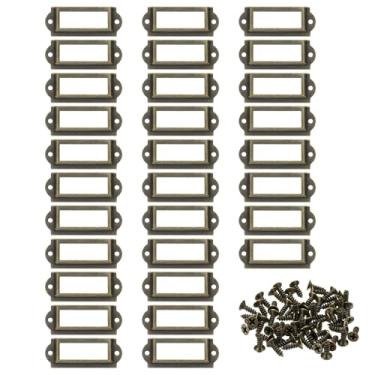 Imagem de PATIKIL Porta-etiquetas de metal de 60 x 24 mm, 30 peças de molduras de etiquetas de cartão de nome com parafusos para armários de arquivo de biblioteca de escritório, prateleiras, gavetas de madeira