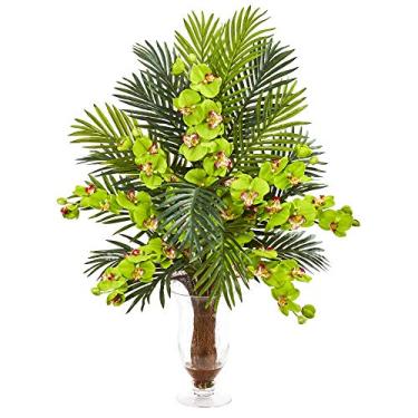 Imagem de Nearly Natural Arranjos de seda artificial Phalaenopsis Orquídea e Areca Verde