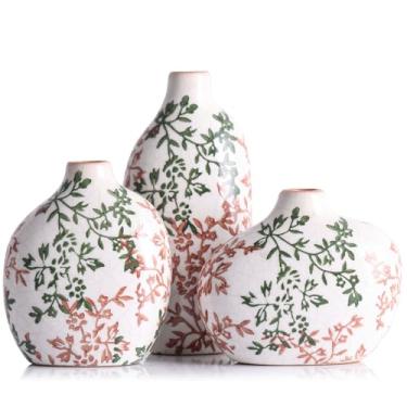 Imagem de Conjunto de 3 vasos pequenos de cerâmica, mini vasos de botões a granel para flores e grama dos pampas, decoração de casa com elipse boho fofa para mesa de centro, sala de estar, escritório, estante